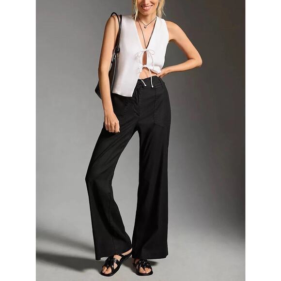 Anthropologie Maeve Size 2 Black Blue The Naomi Linen Blend Wide Leg Flare Pant - Picture 1 of 9